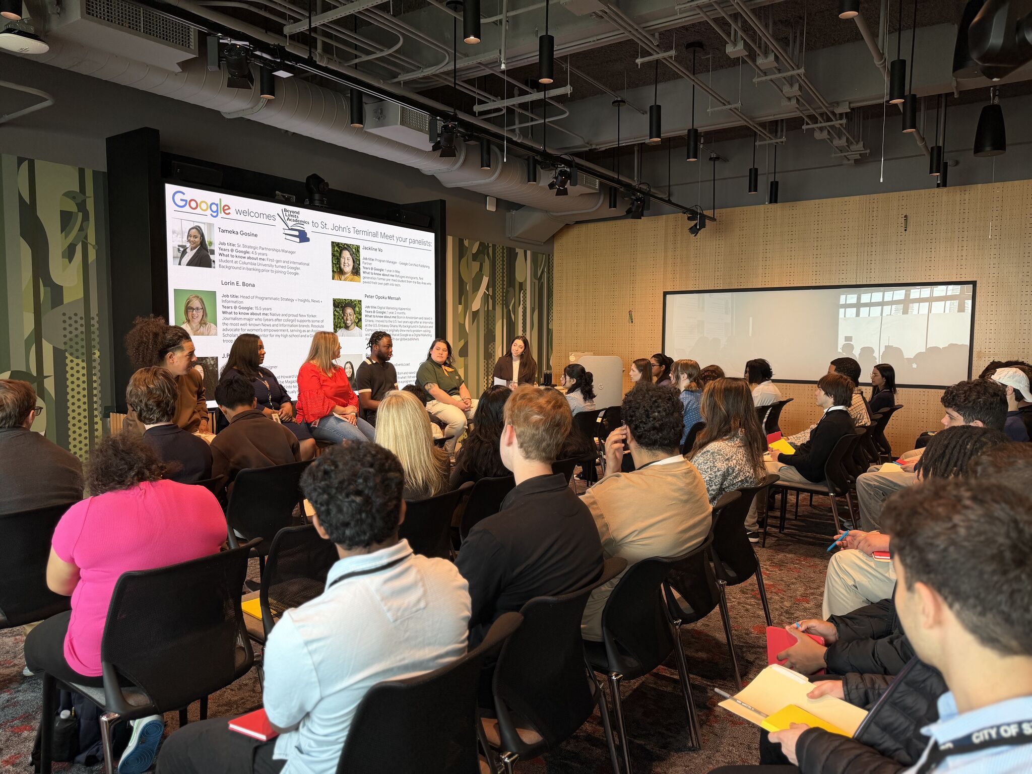 Full room view of the career panel at Google's NYC office